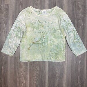 Studio Collection Pastel Green Y2K 3/4 Sleeve Rhinestone Shirt Women’s Size L